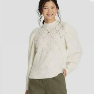 A New Day Cream Crew Neck Puff Sleeve Knit Sweater Women's Size S NWOT